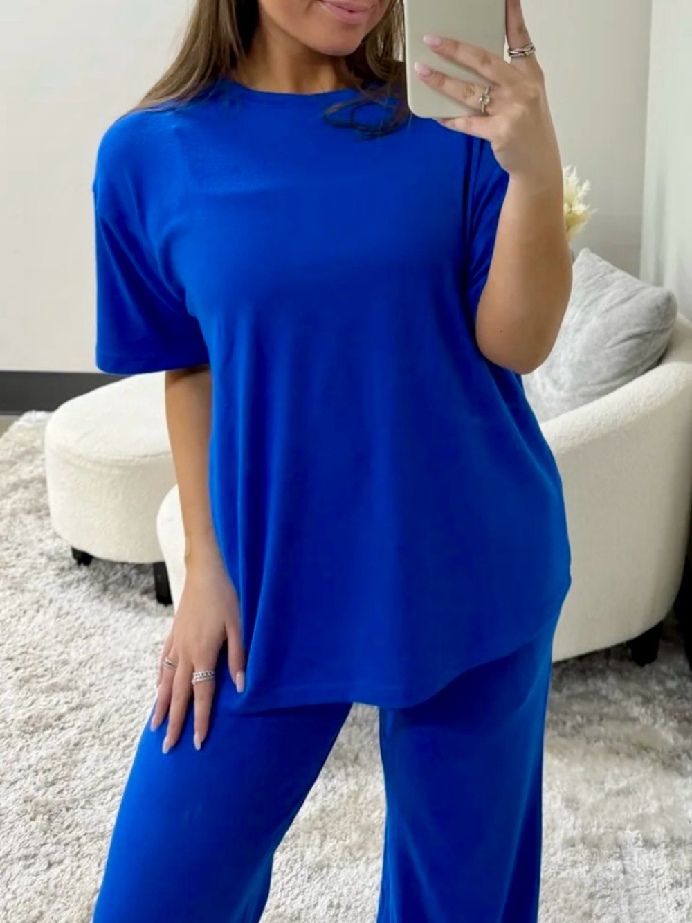 Blue Women's Lounge Set - Comfortable short  Sleeve Top & Pants Mono B M/L